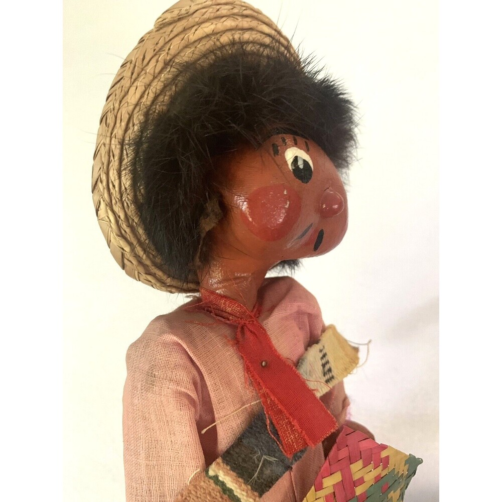 Vintage 70s Handmade Painted Mexican Boy Doll Oil Cloth 11" Folk Art Sombrero - Picture 4 of 9